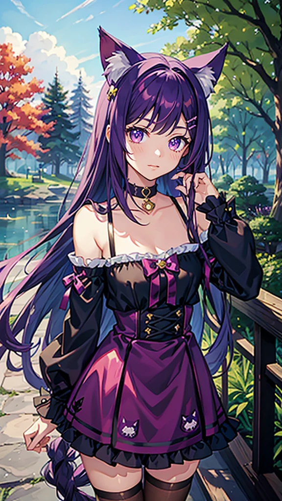 Cheshire Cat, metallic chocker, long hair, medium hair, purple hair, animal ears, cat ears original, 1girl, (solo), scenery, scene, red trees, forest, lake, autumn,
