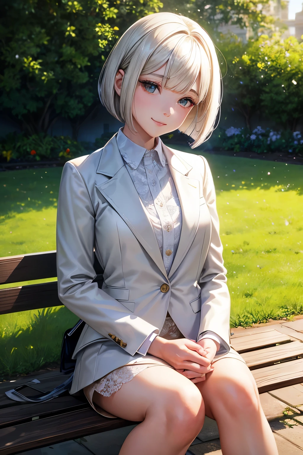 sunny, Elegant photo of a girl wearing a suit jacket, (puffy eyes:1.05), (White lace shirt), platinum brown hair, (angled bob:1.4), Flat bangs, (flowing hair), Smile, happy, happiness, Highly detailed skin, skin pores, Stunningly innocent symmetrical face, Long eyelashes, black eyeliner, light gold eyeshadow,(Sit on a bench), Cross_leg, emotional, Wind, garden, tree, Grass, masterpiece, best quality, Realistic,