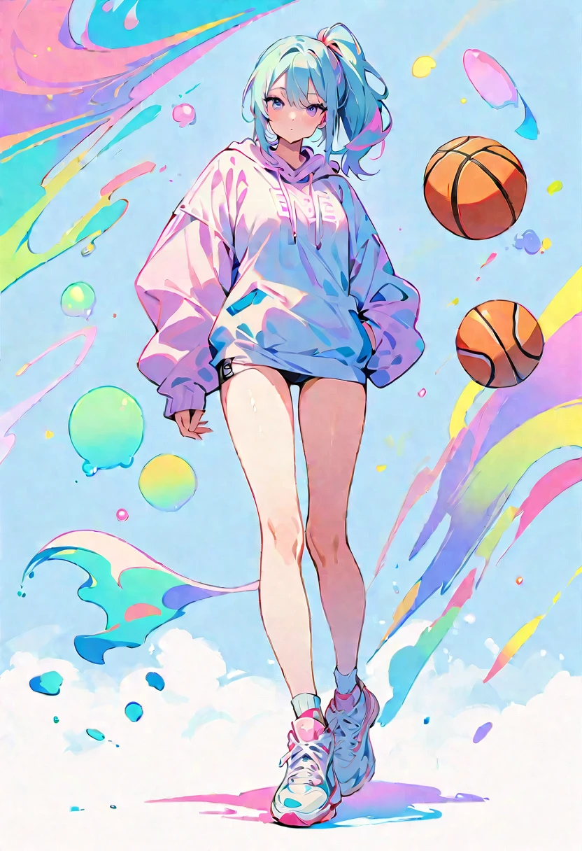 (masterpiece, Highest quality:1.2), ((Sexy and sporty woman)),1 person, A loose fitting jumper, short, (Basketball Shoes(No branded items)), Ankle socks, whole body, pastel colour,((Beautiful composition)),Anatomically correct,