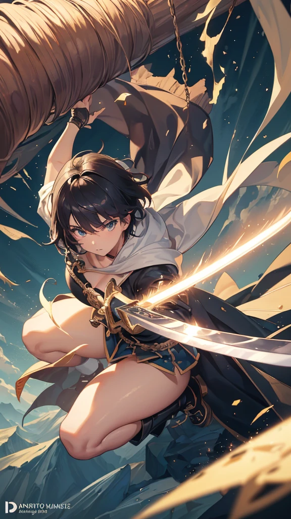 (masterpiece, 4K ,Super detailed:1.2), (anime:1), (Perfect quality), (((Adult body))), ((Swinging a big sword, Combat Ready)), The whole body is shown, Looking at the viewer, Big body, Traveling Swordsman, boyish, short hair