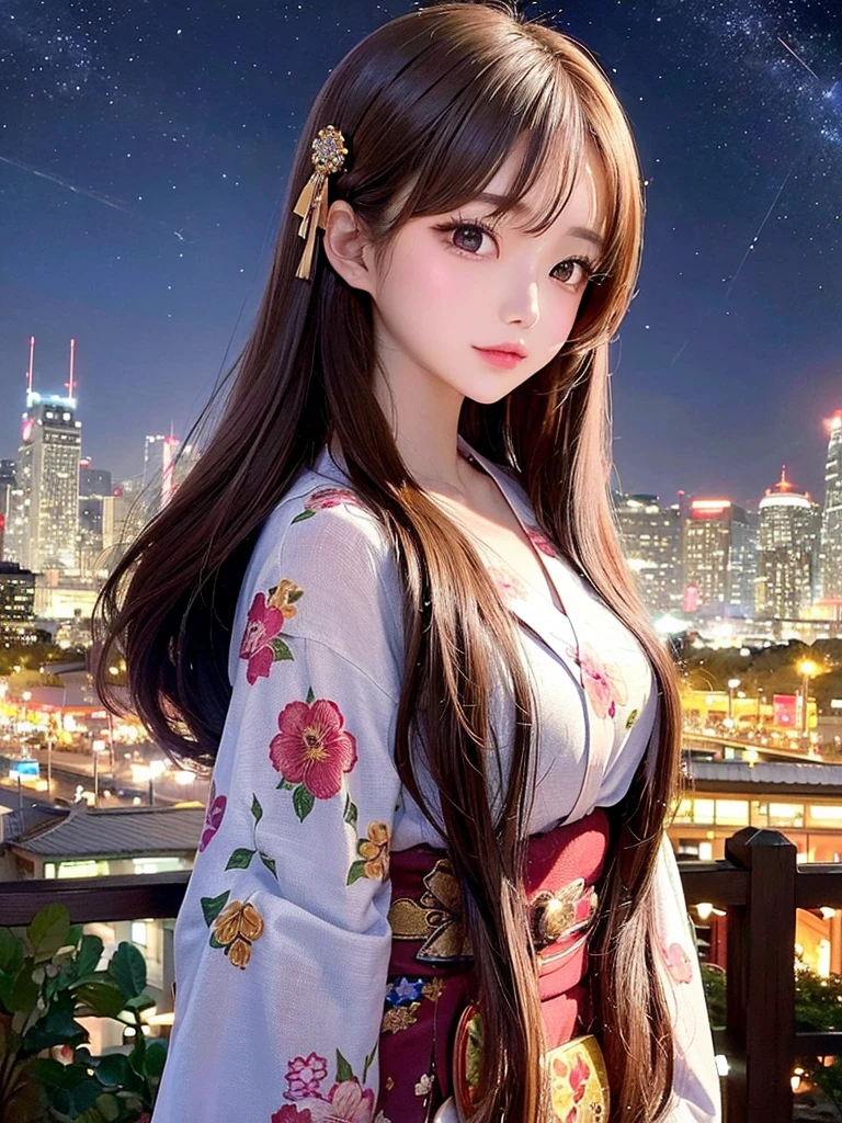 Masterpiece, high resolution, highest quality, fireworks in the night sky, beautiful girl with long brown hair, profile, tied up hair, yukata, hairpin, fantastic background, Korean glitter eye makeup, mature, older sister, fantasy art