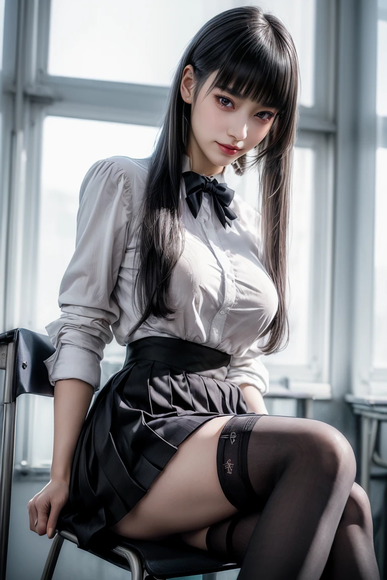 (Black Garter High Socks:1.5),(Crossing your legs:1.5),Ultra-high resolution、(((Blunt bangs, Princess Bang))), (((Very heavy,Voluminous bangs:1.1))),(((very length, Very heavy,Very voluminous side locks:1.1))),, Princess Cut, Straight bangs hairstyle, Round face with Blunt bangs, length, Glossless hair、Bangs cut straight,(masterpiece, Highest quality:1.5), (Ultra-fine 8K CG:1.4), (hyperRealistic:1.25), (PhotoRealistic:1.25), (Realistic:1.4), Cowboy Shot, (One from the front.4), (smile1.3), Beautiful Japanese Girl, , Supermodel, Japanese Idols, (smile), Big Breasts, Sweat、(school uniform:1.5)、(sitting on a chair in the classroom:1.5)、Accentuate your cleavage:1.5、Black Hair:1.2、Full body image、((Real person:1.5))、(From below:1.5)