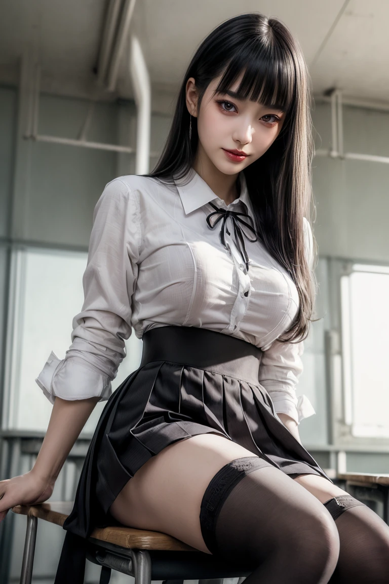 (Black Garter High Socks:1.5),(Crossing your legs:1.5),Ultra-high resolution、(((Blunt bangs, Princess Bang))), (((Very heavy,Voluminous bangs:1.1))),(((very length, Very heavy,Very voluminous side locks:1.1))),, Princess Cut, Straight bangs hairstyle, Round face with Blunt bangs, length, Glossless hair、Bangs cut straight,(masterpiece, Highest quality:1.5), (Ultra-fine 8K CG:1.4), (hyperRealistic:1.25), (PhotoRealistic:1.25), (Realistic:1.4), Cowboy Shot, (One from the front.4), (smile1.3), Beautiful Japanese Girl, 12 years old, Supermodel, Japanese Idols, (smile), Big Breasts, Sweat、(school uniform:1.5)、(sitting on a chair in the classroom:1.5)、Accentuate your cleavage:1.5、Black Hair:1.2、Full body image、((Real person:1.5))、(From below:1.5)