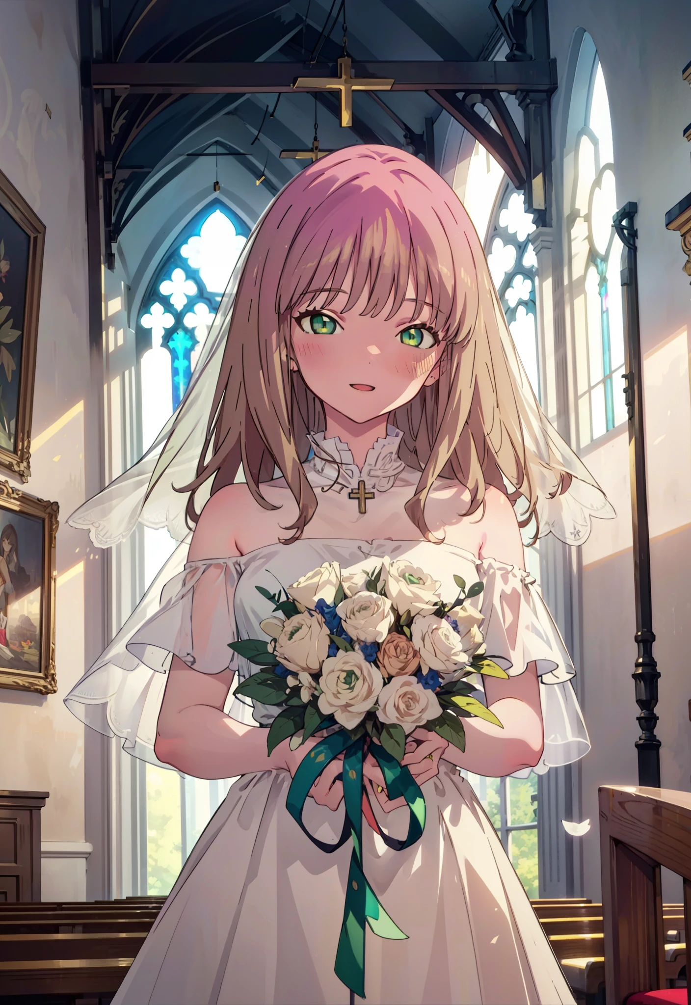 minami yume ,sss Dynazenon ,Long Hair, Brown Hair, (Green Eyes:1.5) ,blush,happy smile, smile, Open your mouth,off-the-shoulder wedding dresses,wedding long skirt,necklace,Veil,Holding a bouquet in both hands,Stand Glass,
break looking at viewer, whole body,(Cowboy Shot:1. 5) break indoors, Chapel,church, break (masterpiece:1.2), Highest quality, High resolution, unity 8k wallpaper, (shape:0.8), (Beautiful attention to detail:1.6), Highly detailed face, Perfect lighting, Extremely detailed CG, (Perfect hands, Perfect Anatomy),