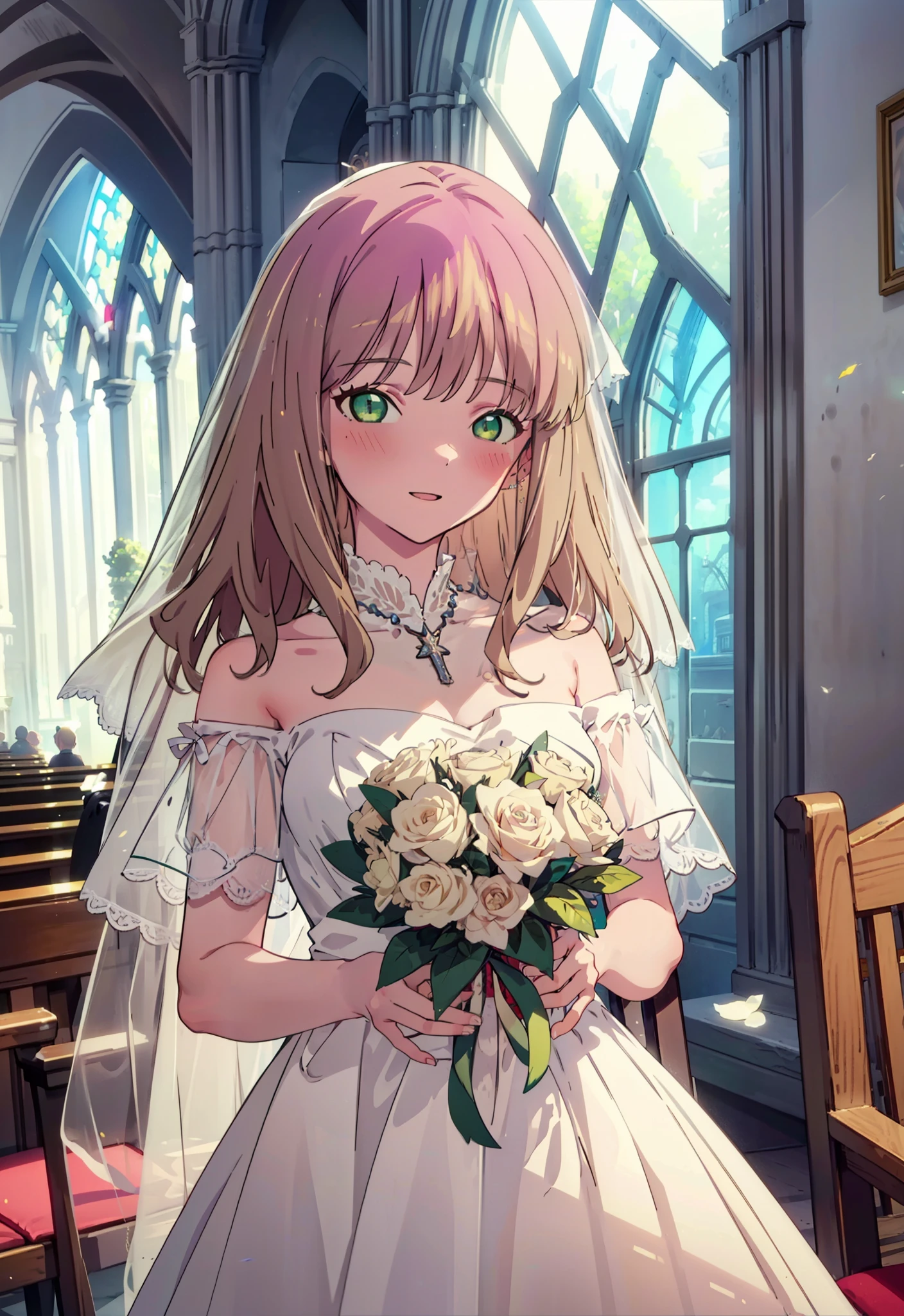 minami yume ,sss Dynazenon ,Long Hair, Brown Hair, (Green Eyes:1.5) ,blush,happy smile, smile, Open your mouth,off-the-shoulder wedding dresses,wedding long skirt,necklace,Veil,Holding a bouquet in both hands,Stand Glass,
break looking at viewer, whole body,(Cowboy Shot:1. 5) break indoors, Chapel,church, break (masterpiece:1.2), Highest quality, High resolution, unity 8k wallpaper, (shape:0.8), (Beautiful attention to detail:1.6), Highly detailed face, Perfect lighting, Extremely detailed CG, (Perfect hands, Perfect Anatomy),