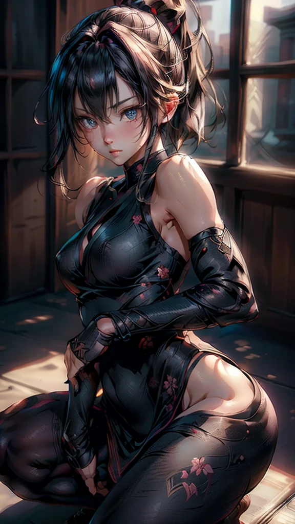 masterpiece, 最high quality, high quality, High resolution, high quality texture, high quality shadow, High Detail, Beautiful details, Detailed, Extremely detailed CG, Detailedテクスチャー, a Realistic representation of the face, Realistic, colorful , delicate, Cinematic Light, Side light, Lens flare, Ray Tracing,tailed beautiful delicate face, detailed beautiful delicate eyes,Beautiful Eyes，Detailed髪，Soft Hair，Well-shaped lips，ninja, bare shoulders, detached sleeves, cleavage，Crouching with legs apart，Black see-through underwear，cameltoe，night，Female ninja，Ninja，Black tight short skirt，Detailed cloth texture