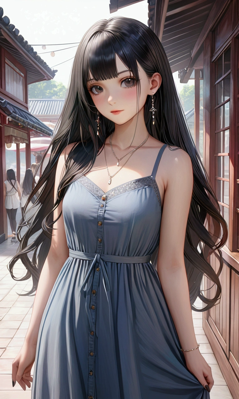 A girl with long black hair, black eyes, fair skin tone, casual dress, detailed hair, detailed body, aesthetic, best quality, 8k,realistic