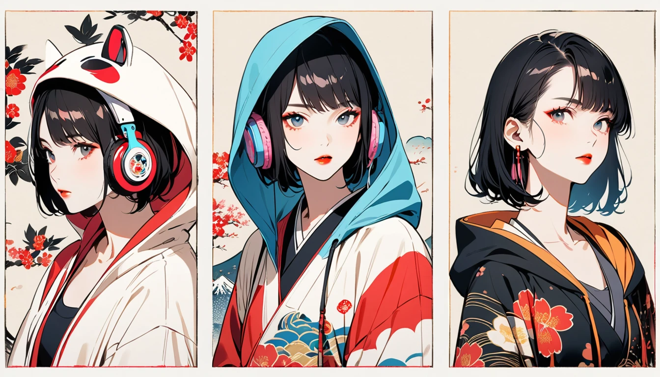 (((Ink Painting))), Fashion portrait color photos, (((1 girl))), (((Flashy makeup))), (((Japanese style headphones))), (((Japanese pattern hoodie))), (((Put on the hood))), Japan人の美少女, Black Hair, Delicate and precise, Modern ukiyo-e style,Japan, Japanese flag, red and blue neon