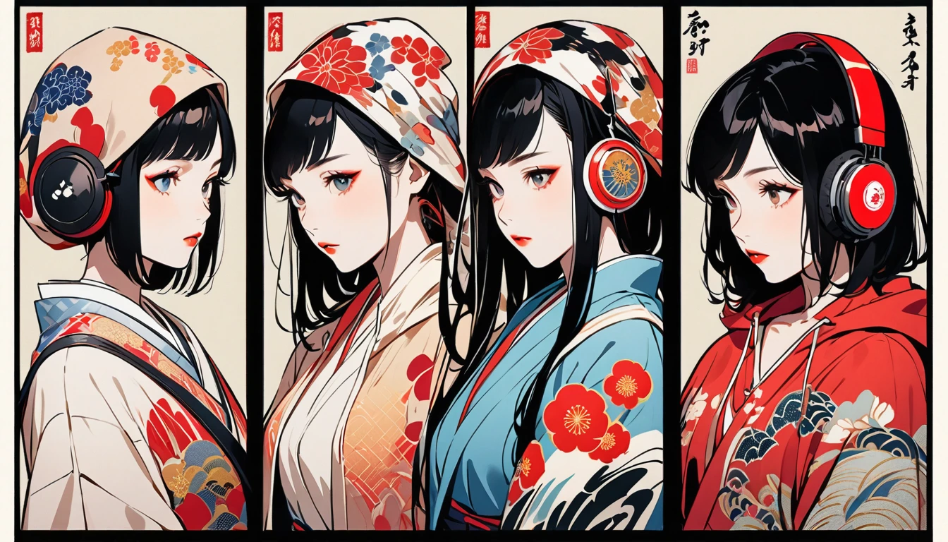 (((Ink Painting))), Fashion portrait color photos, (((1 girl))), (((Flashy makeup))), (((Japanese style headphones))), (((Japanese pattern hoodie))), (((Put on the hood))), Japan人の美少女, Black Hair, Delicate and precise, Modern ukiyo-e style,Japan, Japanese flag, red and blue neon