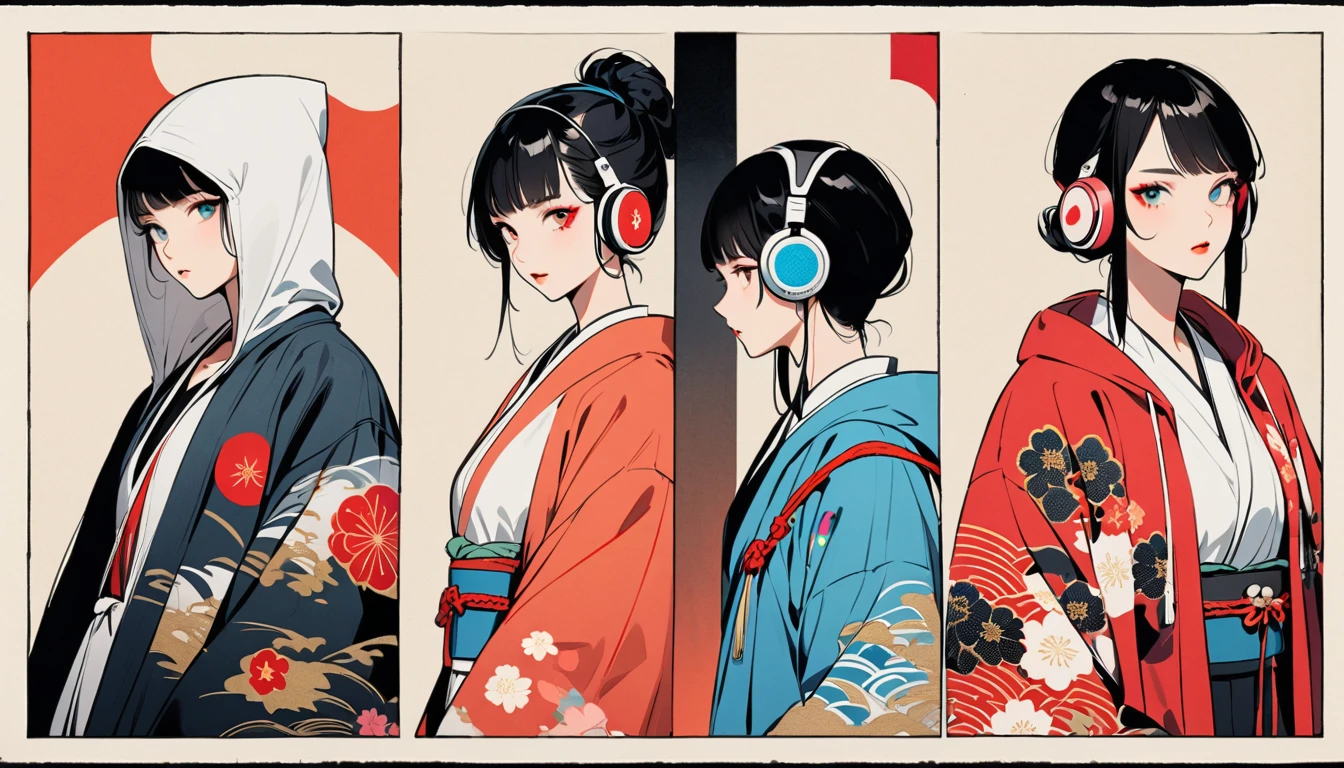 (((Ink Painting))), Fashion portrait color photos, (((1 girl))), (((Flashy makeup))), (((Japanese style headphones))), (((Japanese pattern hoodie))), (((Put on the hood))), Japan人の美少女, Black Hair, Delicate and precise, Modern ukiyo-e style,Japan, Japanese flag, red and blue neon