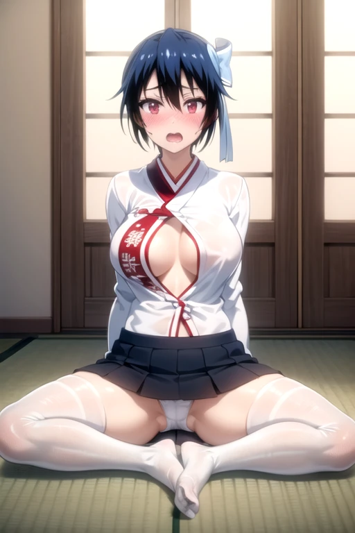 (masterpiece:1.4), best quality, high resolution, unity 8k wallpaper, (illustration:0.8), beautiful detailed eyes:1.6, extremely detailed face, perfect lighting, extremely detailed CG, (seishirou tsugumi, red eyes, black hair, short hair, hair ribbon, big breast, solo,), beautiful clothes, sitting, spread legs, open breast clothes, torn clothes, no bra, beatiful nipple, show off nipple, very short skirt, lift skirt, lace white panties, vagina, super detailed skin, no shoes, white thighhighs, embarrassed, open mouth, noon, Japanese-style room, tatami, looking at viewer,　