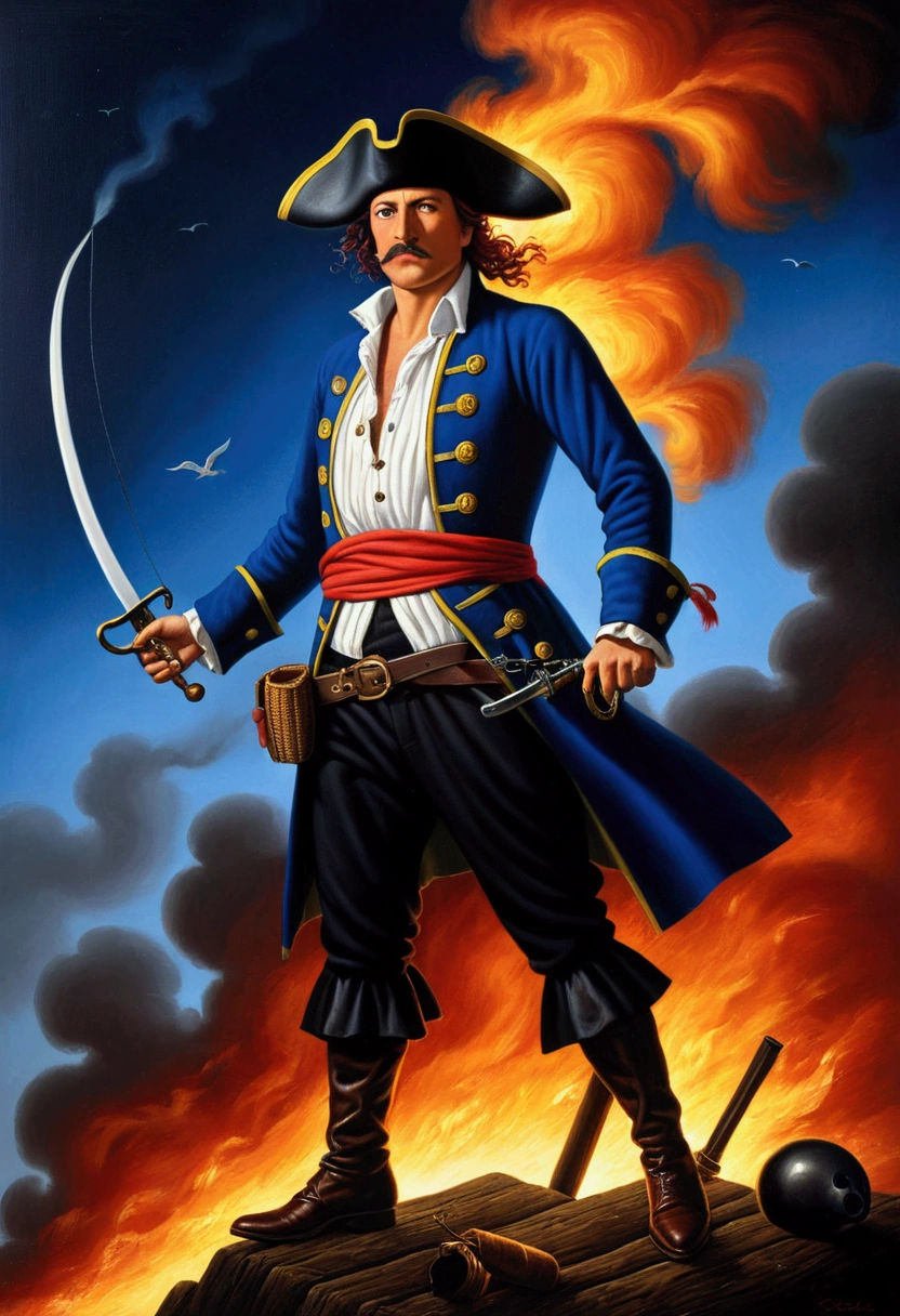 Pirate War, robbery, fire, by Rafal Olbinski, cinematic still, chiaroscuro, dynamic, (best quality, masterpiece, photorealistic), very aesthetic, perfect composition, intricate details, ultra-detailed, vivid colors