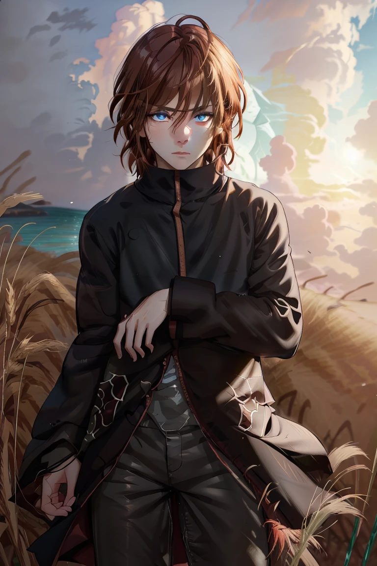 (extremely detailed and high-quality illustration),(best lighting and shadow effects, ultra-realistic)(HDR)(PERFECT EYES)(SAME EYES), young man with a wheat skin tone and short dark red hair, looking out at the sea grass with a mystirous expression,mystirious aura