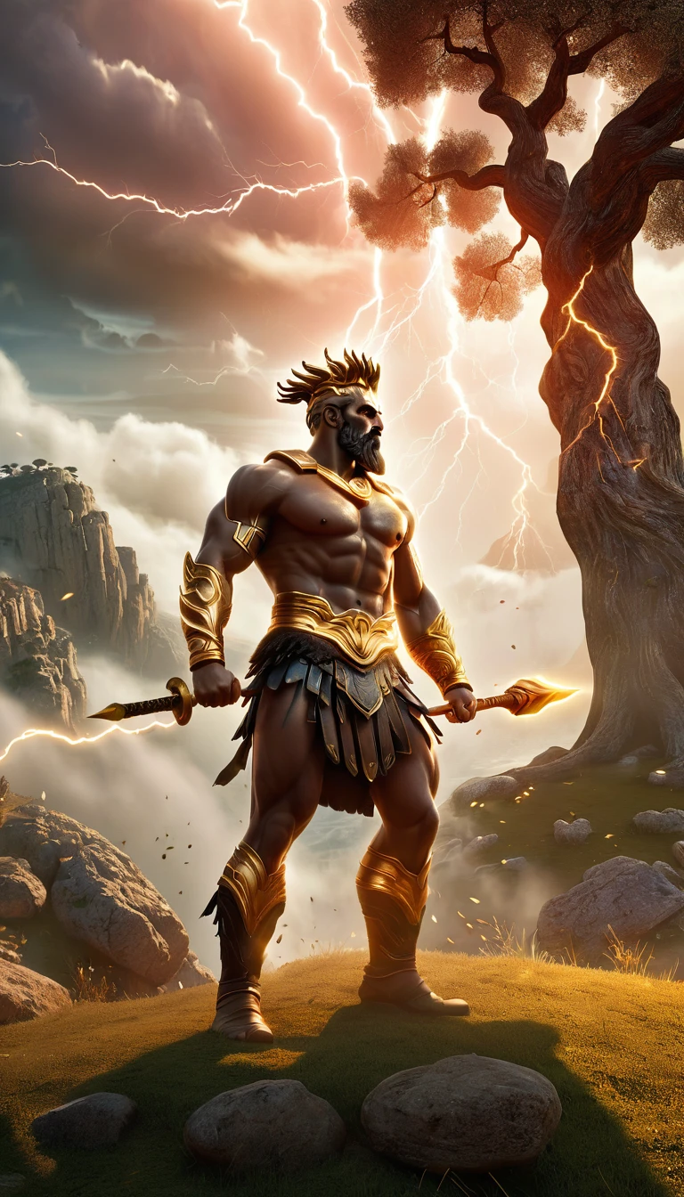 A breathtaking 3D illustration of a godly showdown on a misty Greek mountainside: Zeus, the king of the gods, stands tall amidst swirling wispy clouds and ancient olive trees, his powerful physique highlighted by the iconic lightning bolt poised for divine fury. Kratos, the fierce demigod warrior, approaches with his signature Blades of Chaos held high, his rugged face set in a determined scowl, ready for battle. The atmosphere is thick with tension as these two titans prepare for an epic clash, with anatomy flawlessly rendered, chiaroscuro enhancing the dramatic scene, astonishing 32k resolution, ultra HD, realistic with vivid colors, UHD pen and ink technique, beautifully intricate