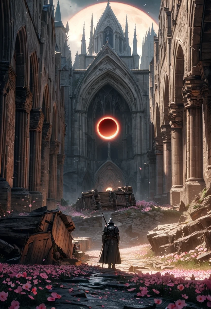 Anime aesthetics, Fantasy Landscape, Medieval Cathedral, Broken wall, Tall old wooden door, Black Old Brooks, Broken road leading to the old cathedral, Red Solar Eclipse, Many pink flowers with pointed petals, Dark Souls 3 Eclipse, Wide Shot, Front view, Violent Solar Eclipse, Tragic atmosphere, Sad mood, 4K, masterpiece:1.4, Highest quality,4K,High resolution ultra-detail, retina
