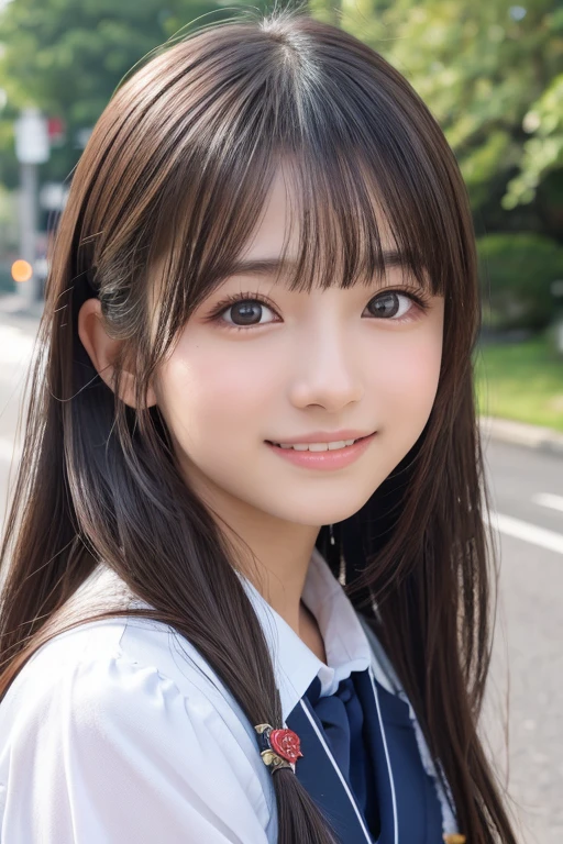 ((Cute 15 year old Japanese))、on the road、Highly detailed face、Pay attention to the details、double eyelid、Beautiful thin nose、Sharp focus:1.2、Beautiful woman:1.4、Cute Hairstyles、Pure white skin、Highest quality、masterpiece、Ultra-high resolution、(Realistic:1.4)、Highly detailed and professional lighting、nice smile、Japanese school girl uniform