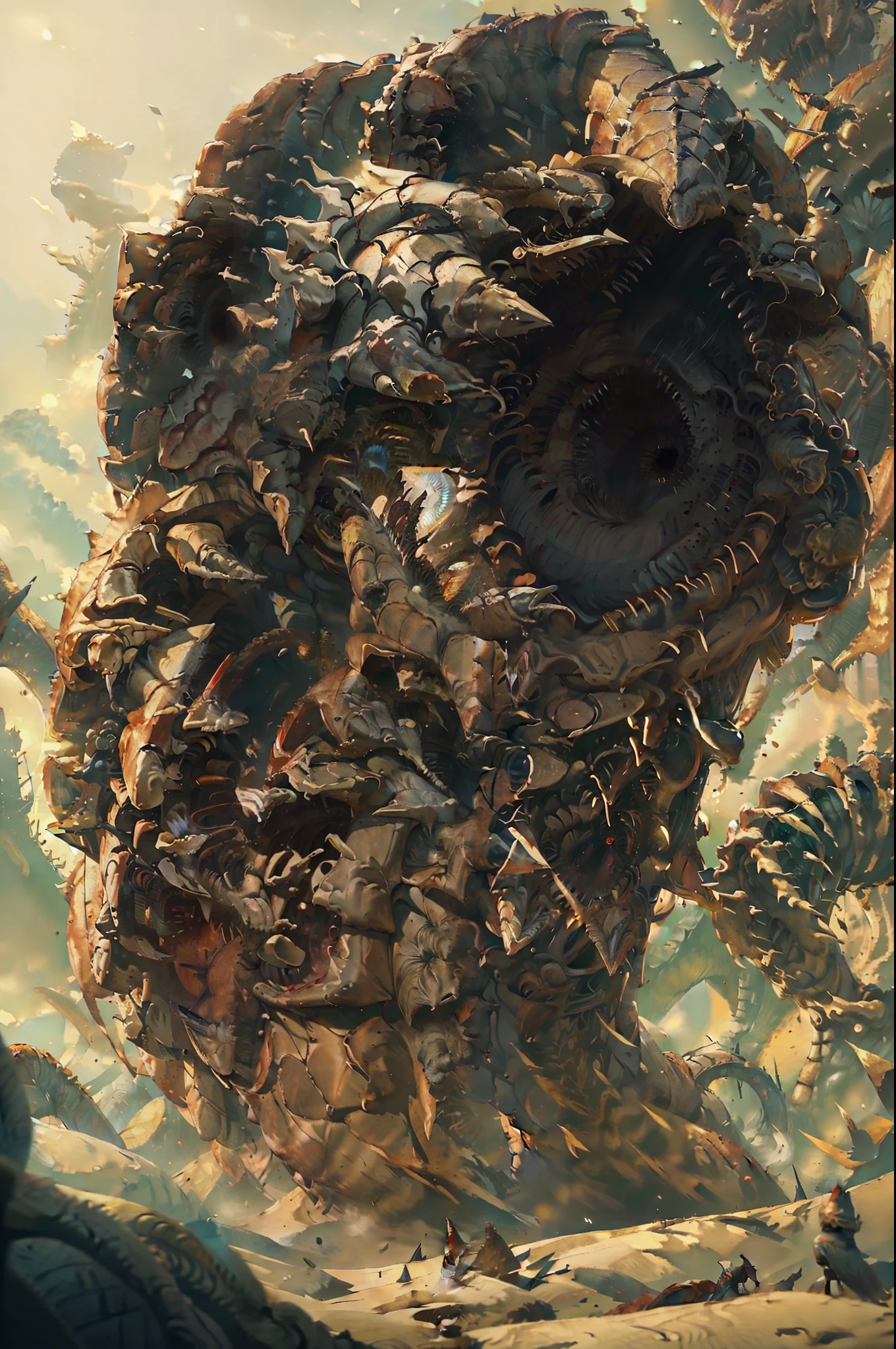 (​masterpiece:1.3),(Top image quality,top-quality),8K,high details,(A giant earthworm-like sandworm attacks leaving devastation),There are countless fangs in the mouth like petals, metal plates lining the body, great spires litter the background