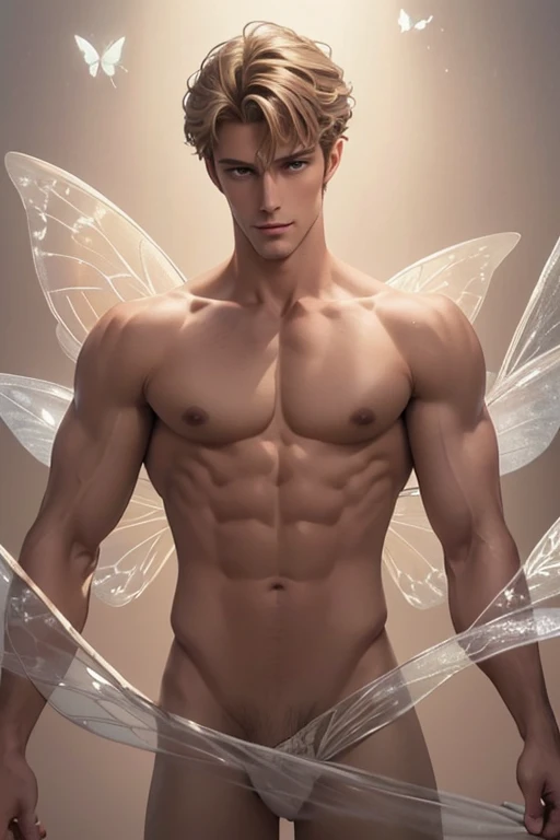 Visualise a beige and mauve (((handsome hunky male fairy figure))), made ethereal by its transparency, with flowing ((swirls)) of transparent, soft, smoke emanating from its form, evoking the essence of a (butterfly)