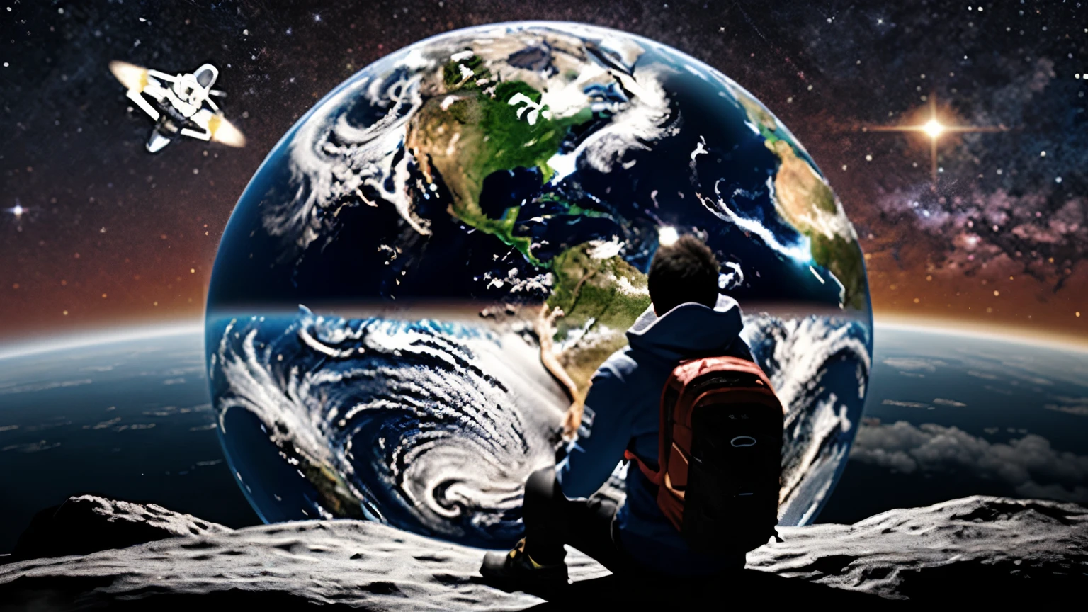Create an illustration aimed at an audience of 25 to 35 years old. The scene features a space explorer, aged around 28 to 30, wearing modern and sleek space attire. The explorer is sitting on the moon, looking towards Earth with a bored expression. The camera perspective should be from behind the explorer, capturing both the back of the explorer and a large, partial view of Earth in the sky. Only a portion of Earth should be visible, appearing prominently and realistically, with natural details like clouds and continents. The lunar landscape should be realistic, with Earth taking up a significant part of the sky. The explorer should exude an air of vast knowledge and intelligence, conveying a sense of boredom and disappointment, as if seeing wasted potential in humanity. The overall style should be modern and engaging, suitable for a younger, tech-savvy audience.