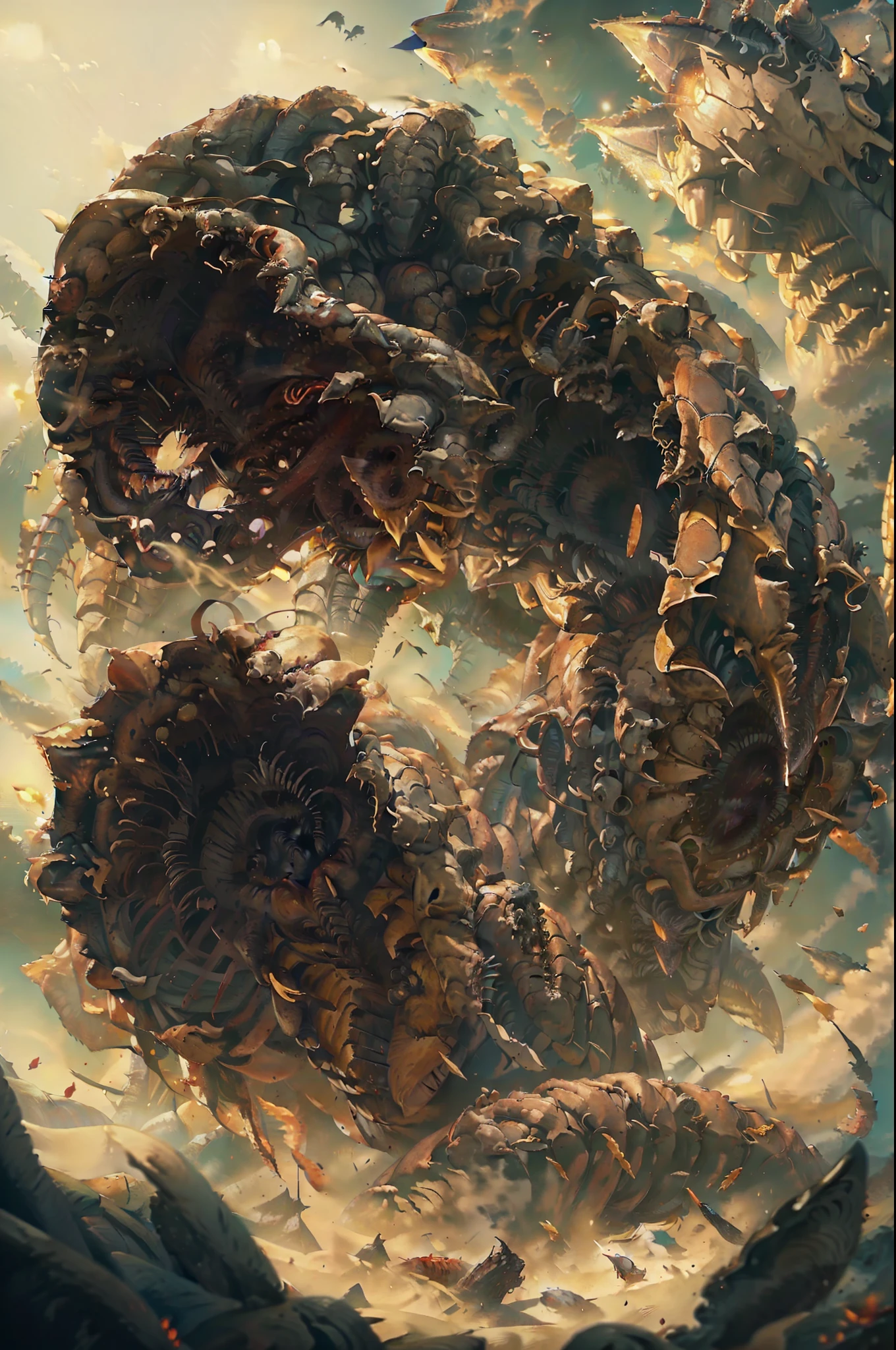 (​masterpiece:1.3),(Top image quality,top-quality),8K,high details,(A giant earthworm-like sandworm attacks leaving devastation),There are countless fangs in the mouth like petals, metal plates lining the body, great spires litter the background