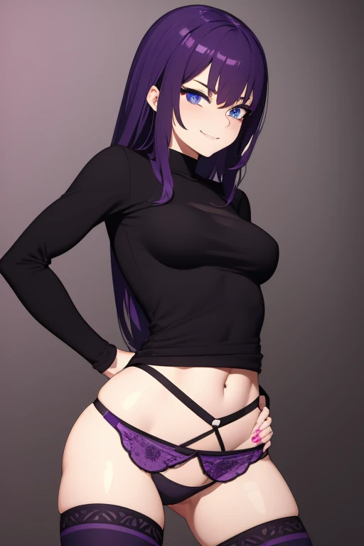 Generate an image of girl, with purple hair, withe-blue eyes, smug face, small titties, large hip and big butt, wearing a small black shirt with a purple skull on it, and wearing panties and thigh-hight