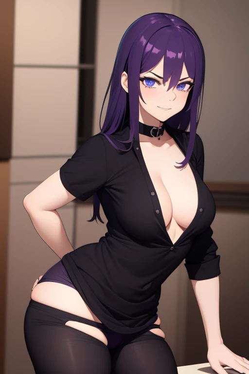 Generate an image of girl, with purple hair, withe-blue eyes, smug face, small titties, large hip and big butt, wearing a small black shirt with a purple skull on it, and wearing panties and thigh-hight