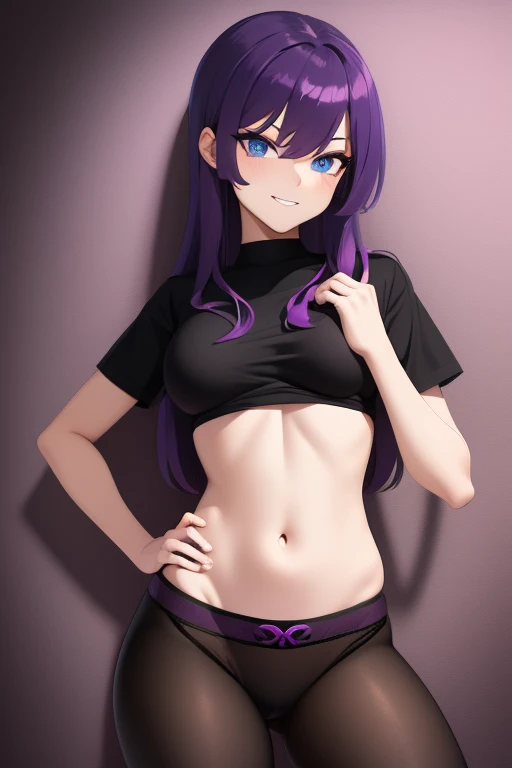 Generate an image of girl, with purple hair, withe-blue eyes, smug face, small titties, large hip and big butt, wearing a small black shirt with a purple skull on it, and wearing panties and thigh-hight
