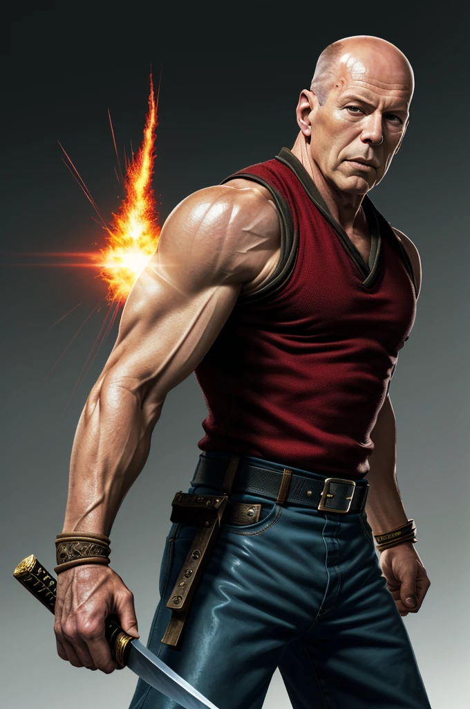 Highest quality，High resolution， ((Bruce Willis)) ，（America），One person，warrior，（Fist of the North Star），warrior，male，One personで，strongest，Anime Style，（explosion_background），(Limbs)，(Full Finger)，(Accurate fingertips), (The finer details), (Super detailed)，(Japanese sword:)，4K，(high resolution)，whole body, (Front angle), Looking at the camera,masterpiece，(Subtle details)，(Intricate details)，Octane Rendering，(Hyper Detail)，