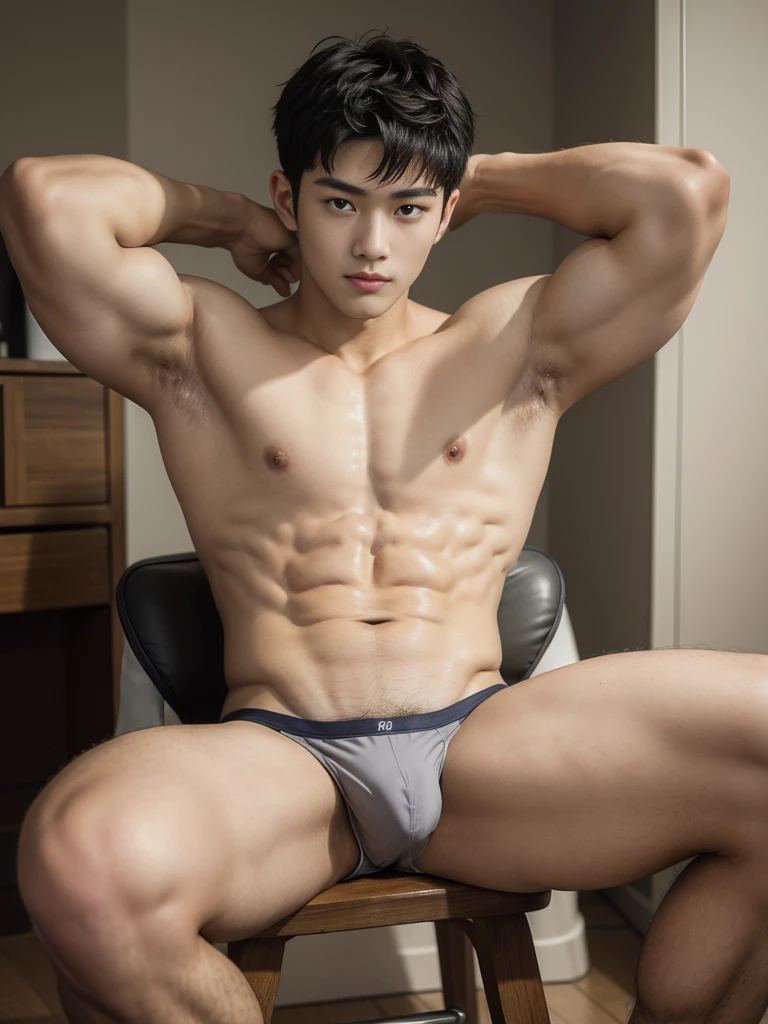 (masterpiece:1.2),18-year-old boy, Asian, Korea, gray micro panties, erection, abs, sitting on a stool, spread legs, looking at me, ultra-detailed, realistic, portraits, vibrant colors, studio lighting, lifted arms