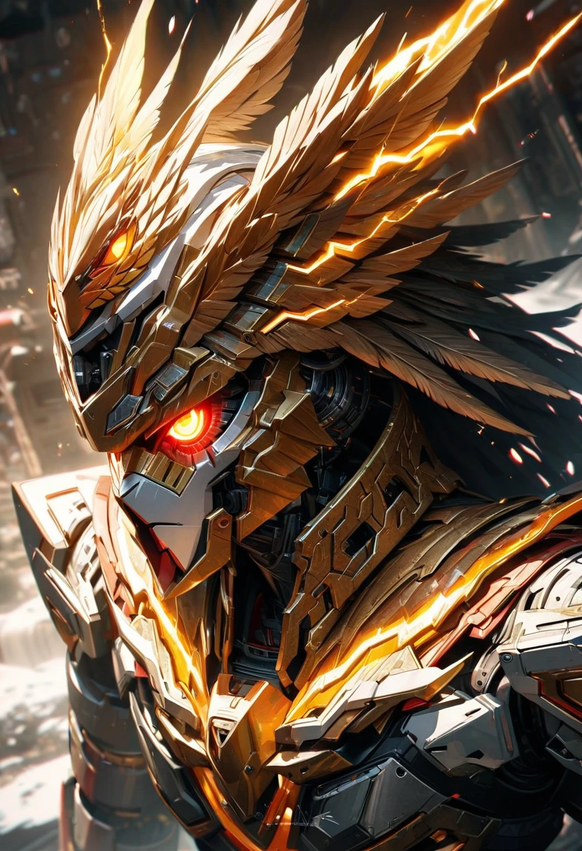 Far view,High quality, ultra realistic,absurdres, highres, ultra detailed, HDR, masterpiece, extremely detailed face and eyes, Indonesia Garuda bird Robot , red and white color ,explosive effect , golden lightning effect,glowing glitters , symetrical