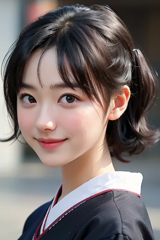 ((Cute 15 year old Japanese))、on the road、Highly detailed face、Pay attention to the details、double eyelid、Beautiful thin nose、Sharp focus:1.2、Beautiful woman:1.4、Cute Hairstyles、Pure white skin、Highest quality、masterpiece、Ultra-high resolution、(Realistic:1.4)、Highly detailed and professional lighting、nice smile、Japanese school girl uniform