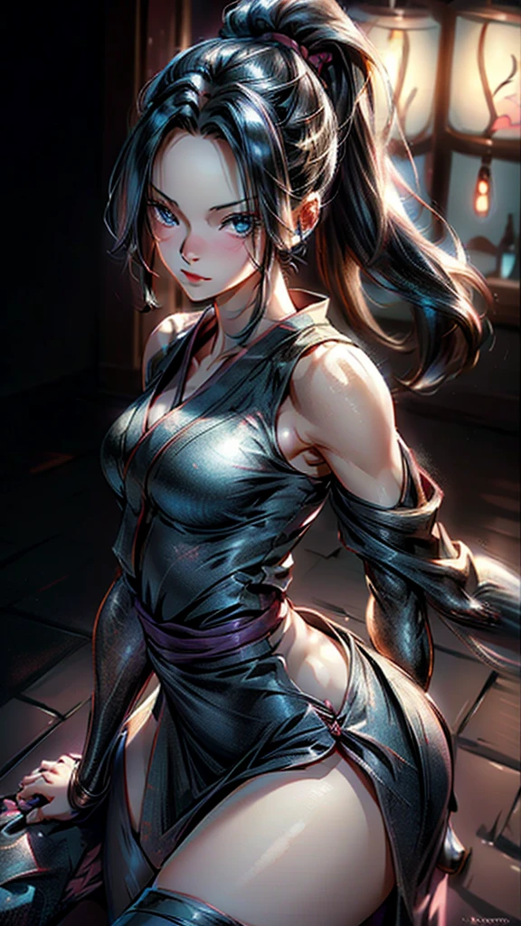 masterpiece, 最high quality, high quality, High resolution, high quality texture, high quality shadow, High Detail, Beautiful details, Detailed, Extremely detailed CG, Detailedテクスチャー, a Realistic representation of the face, Realistic, colorful , delicate, Cinematic Light, Side light, Lens flare, Ray Tracing,tailed beautiful delicate face, detailed beautiful delicate eyes,Beautiful Eyes,Detailed髪,Soft Hair,Well-shaped lips,ninja, bare shoulders, detached sleeves, cleavage,Crouching with legs apart,Black see-through underwear,cameltoe,night,Female ninja,Ninja,Black tight short skirt,Detailed cloth texture