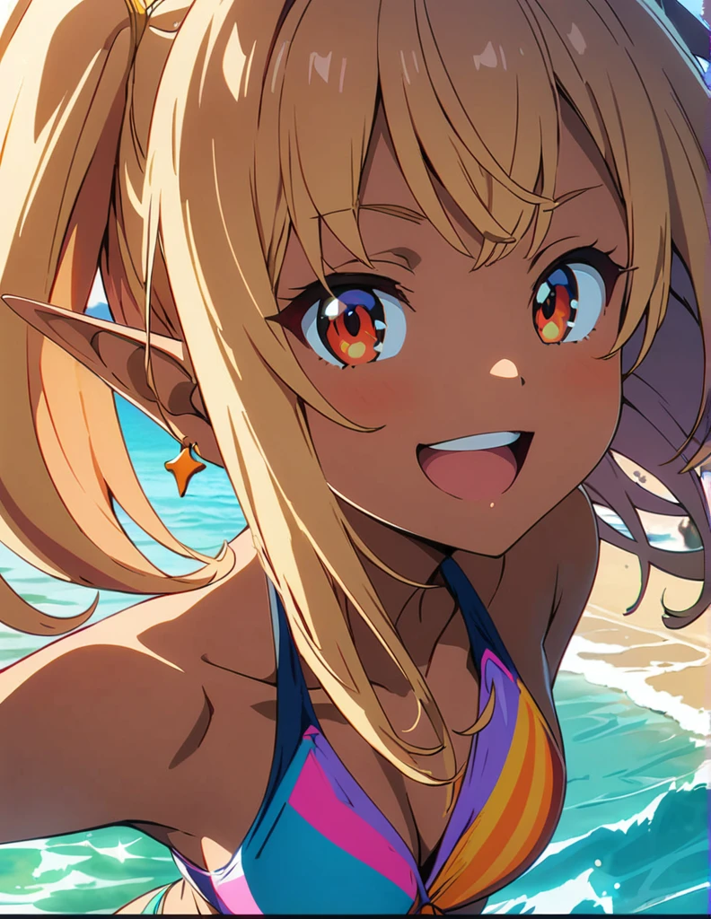 (anime artwork, anime style, studio anime, very detailed, up to date, vibrant, Anime Coloring, high contrast, masterpiece:1.2, best quality, best aesthetics),{{{shiranui flare}},hololive,{{bikini}},1 girl, smile,beach,dynamic pose,swim suits crowd, elf ear,dark skin, cocoa skin,