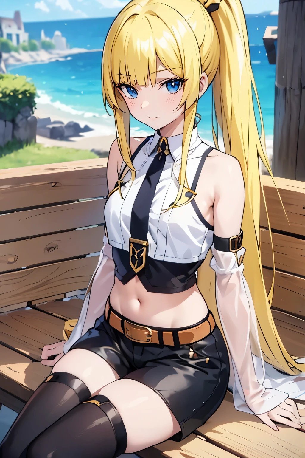 fairy_tail_style, solo, 1 girl, (young female body:1.4), (medium small breasts), golden yellow hair, extra long hair, blunt bangs, crystal blue eyes, very detailed eyes, cowboy shot, detailed eyes, town background, medieval town, fantasy, ponytail, yellow hair, adventuer girl, medieval fantasy, medieval clothes, sitting on a bench, short orange crop top, black shorts, belt, stockings, boots, detached sleeves, short sleeves, black boy shorts,