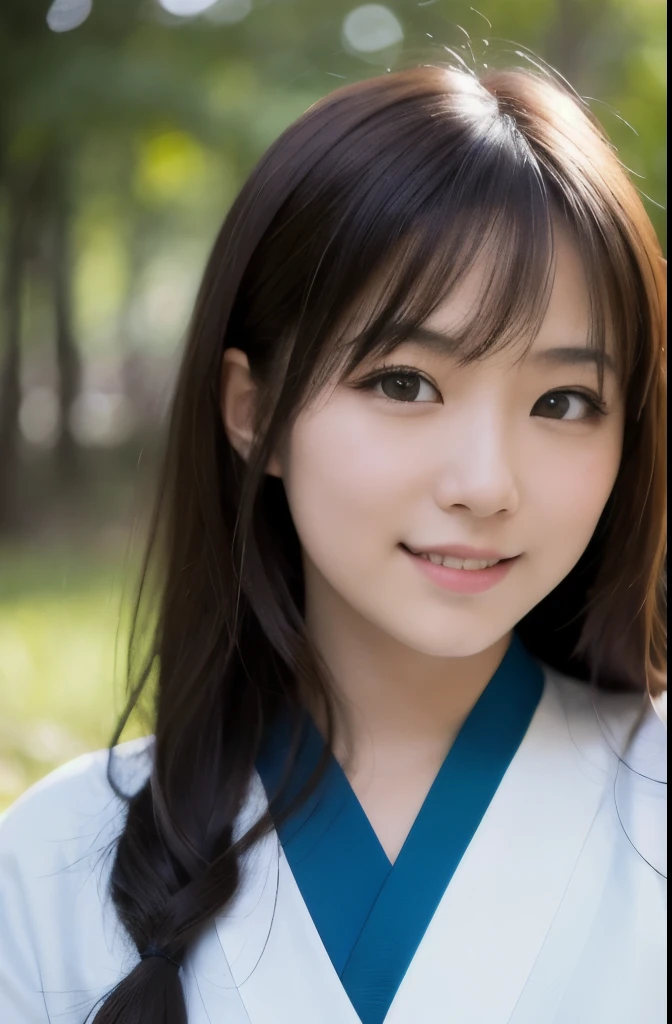best quality, face focus, soft light, ultra high res, (photorealistic:1.4), RAW photo,(Shinozaki Ai), white skin, kawaii,
1 Japanese girl, solo, cute, smile, (pupil, lights in the eyes), detailed beautiful face, Medium-sized breasts,(high resolution detail of human skin texture),(long hair),(portrait), upper body, white traditional kimono, in the forest,