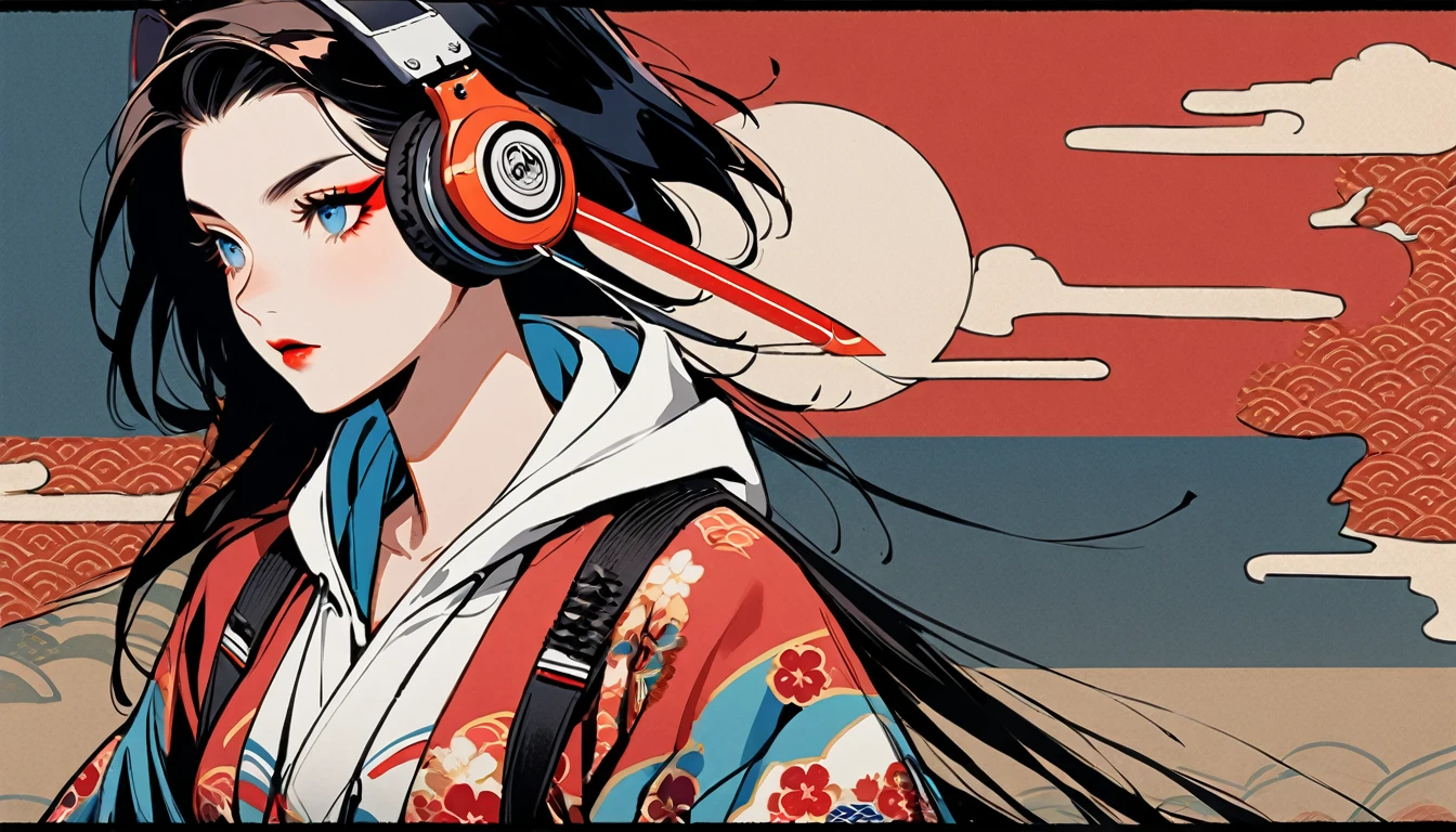 (((1 girl))), (((Flashy makeup))), (((Japanese style headphones))), (((Japanese pattern hoodie))), (((Japanese sword))), (((Female samurai))), Japanese beautiful girl, Black Hair, Delicate and precise, Modern ukiyo-e style, Japanese flag, red and blue neon