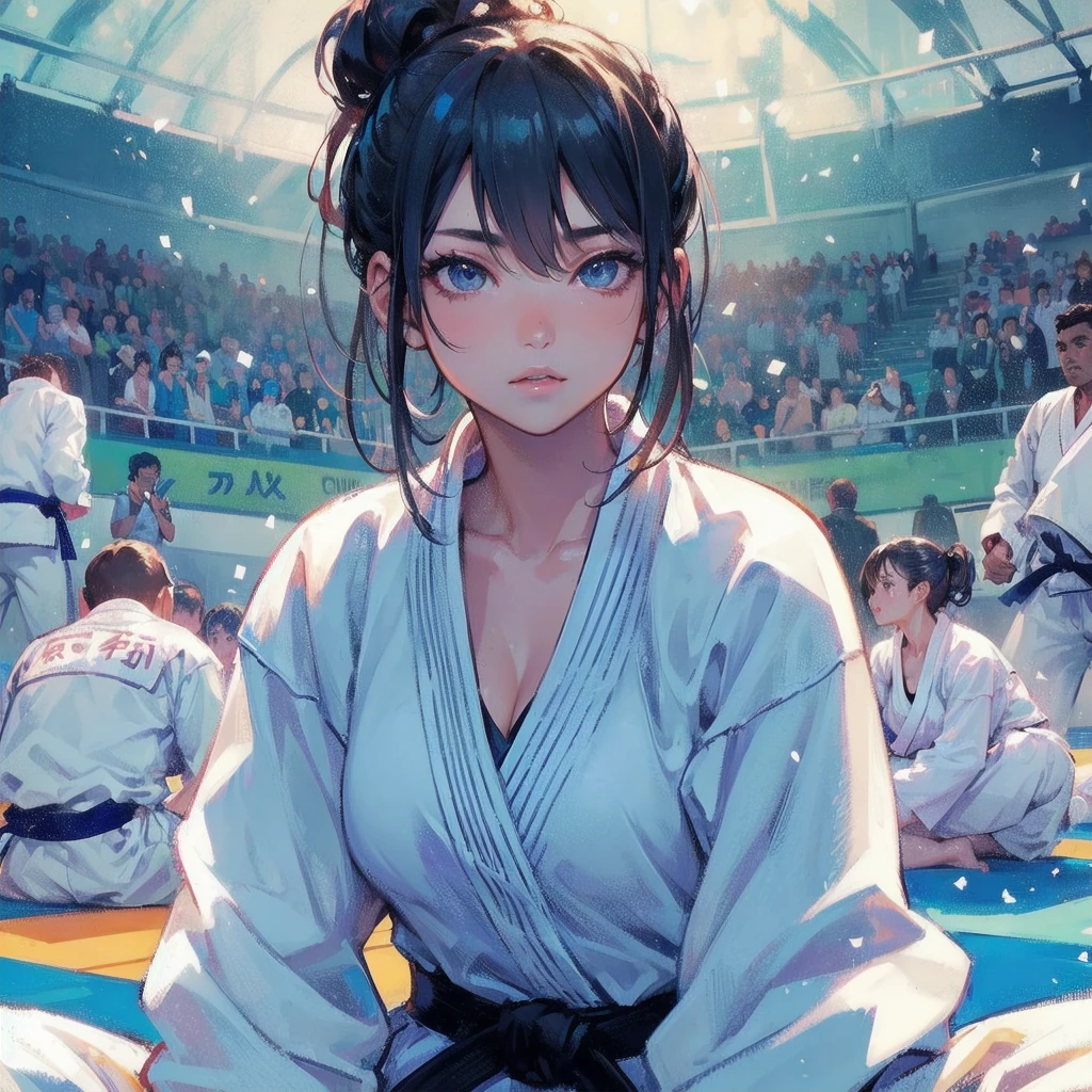 masterpiece, (textured skin), best quality, gorgeous beautiful girl, (a female judo athlete), detailed clothes,large breasts,narrow waist,, (beautiful face), cinematic lighting, (at judo venue ),