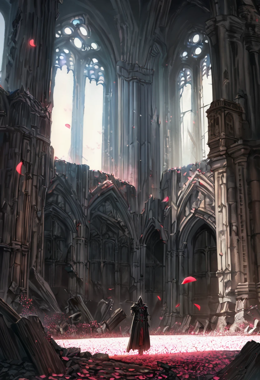 Anime aesthetics, Fantasy Landscape, Medieval Cathedral, Broken wall, Tall old wooden door, Black Old Brooks, Broken road leading to the old cathedral, Red Solar Eclipse, Many pink flowers with pointed petals, Dark Souls 3 Eclipse, Wide Shot, Front view, Violent Solar Eclipse, Tragic atmosphere, Sad mood, 4K, masterpiece:1.4, Highest quality,4K,High resolution ultra-detail, retina