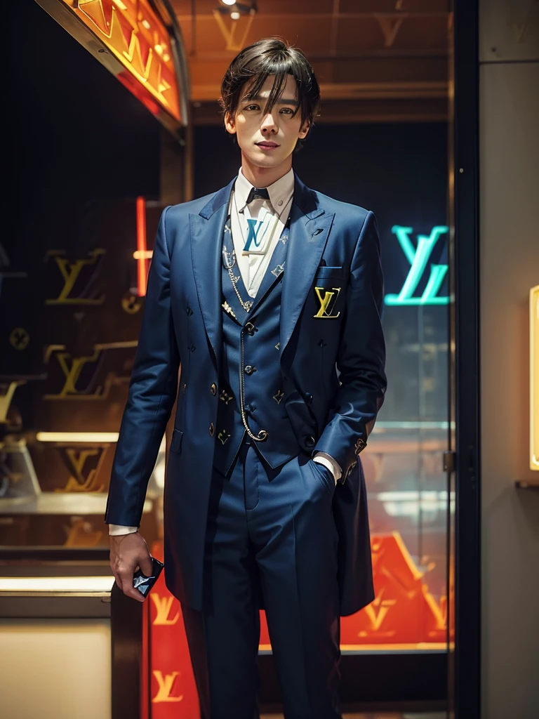 Analog fashion photo of a mature handsome man with short hair, In a Cuban supermarket in 1950, ((neon lights red and blue lights)), (((((Louis Vuitton style high fashion suit))))), model pose, (small smile:1.3), masterpiece, eye level, Kodak Funsaver, door 160, 20mm, bokeh, Nan Goldin style, textured, Distressed, ((vintage)), edgy, noisy, high contrast