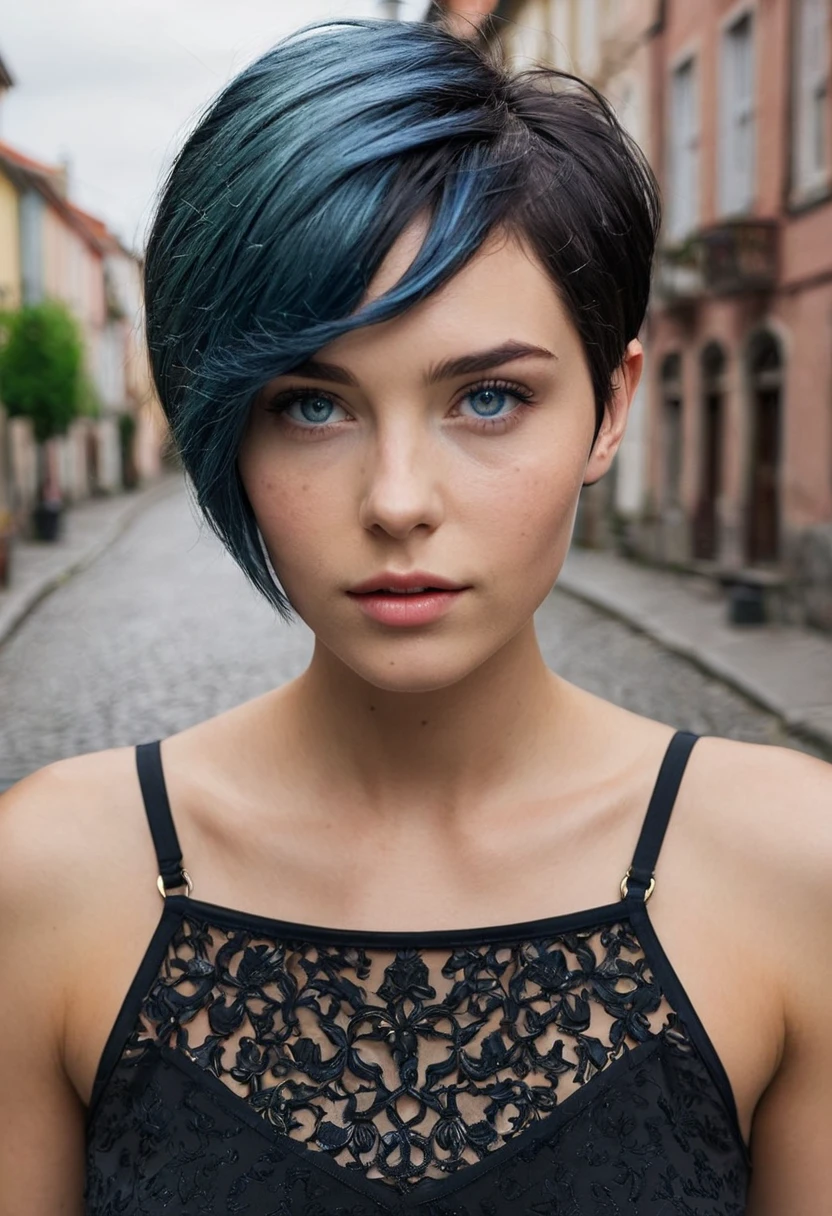 (Masterpiece, Top Quality, Best Quality, Beautiful and Aesthetic:1.2), Woman 20 Years Old Nordic Ethnicity, short (((blue hair))) ((pixie cut)) with a perfect face and light freckles, Blue-Green Eyes, name Jaine, A tight (((black))) sheath dress with elegant details as you stroll through the narrow, picturesque streets of a historic old town, Perfect Body, Perfect rare face, (very detailed skin), black colored long hair, Skin texture, Sharp focus on rare face, (Photorealistic), Film grain
