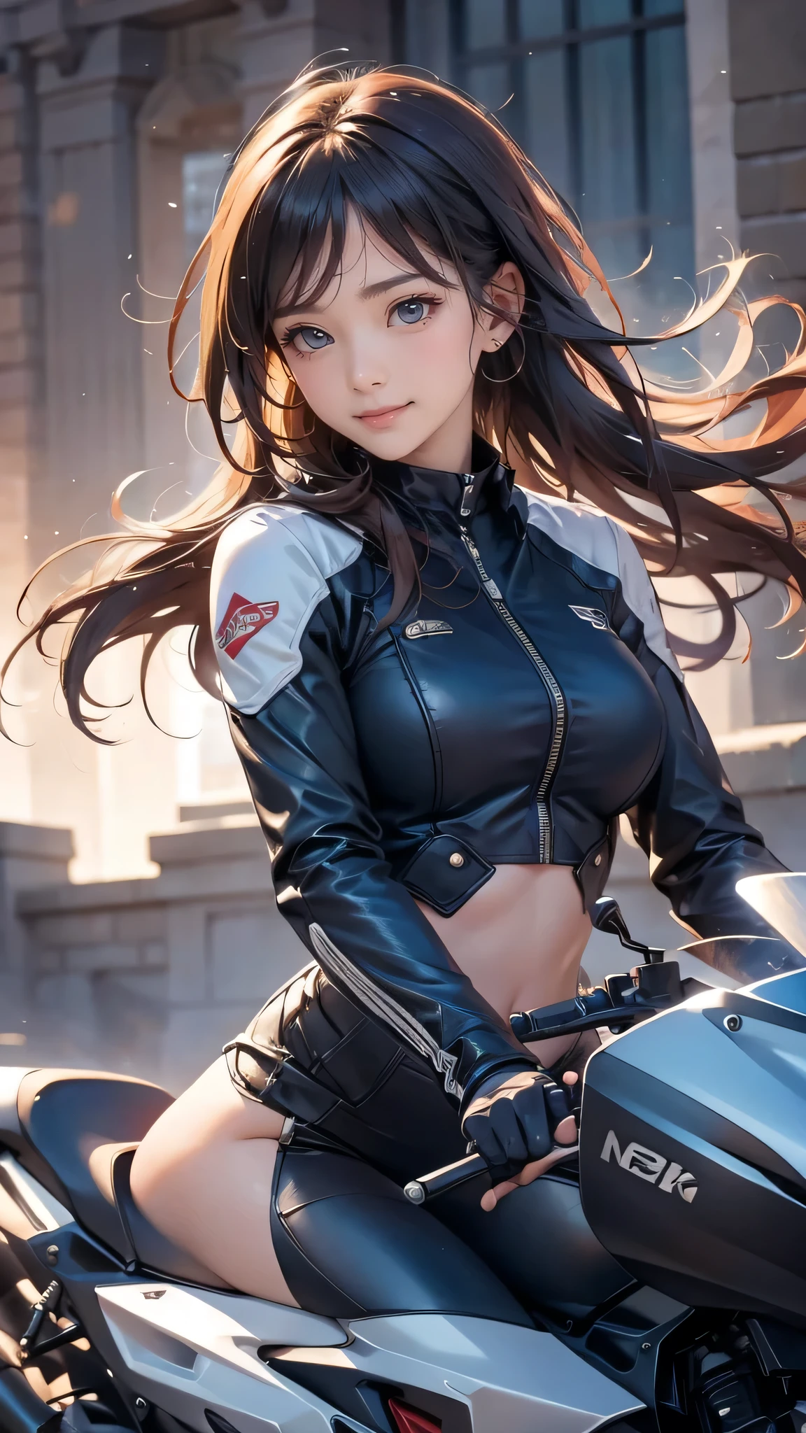 (girl riding a motorcycle:1.2),(random hairstyle),(Highest image quality,(8K), Ultra-realistic, Best Quality, High quality, High Definition, high quality texture, high detailing, Beautiful detailed, fine detailed, extremely details CG, Detailed texture, realistic representation of face, masterpiece, presence)