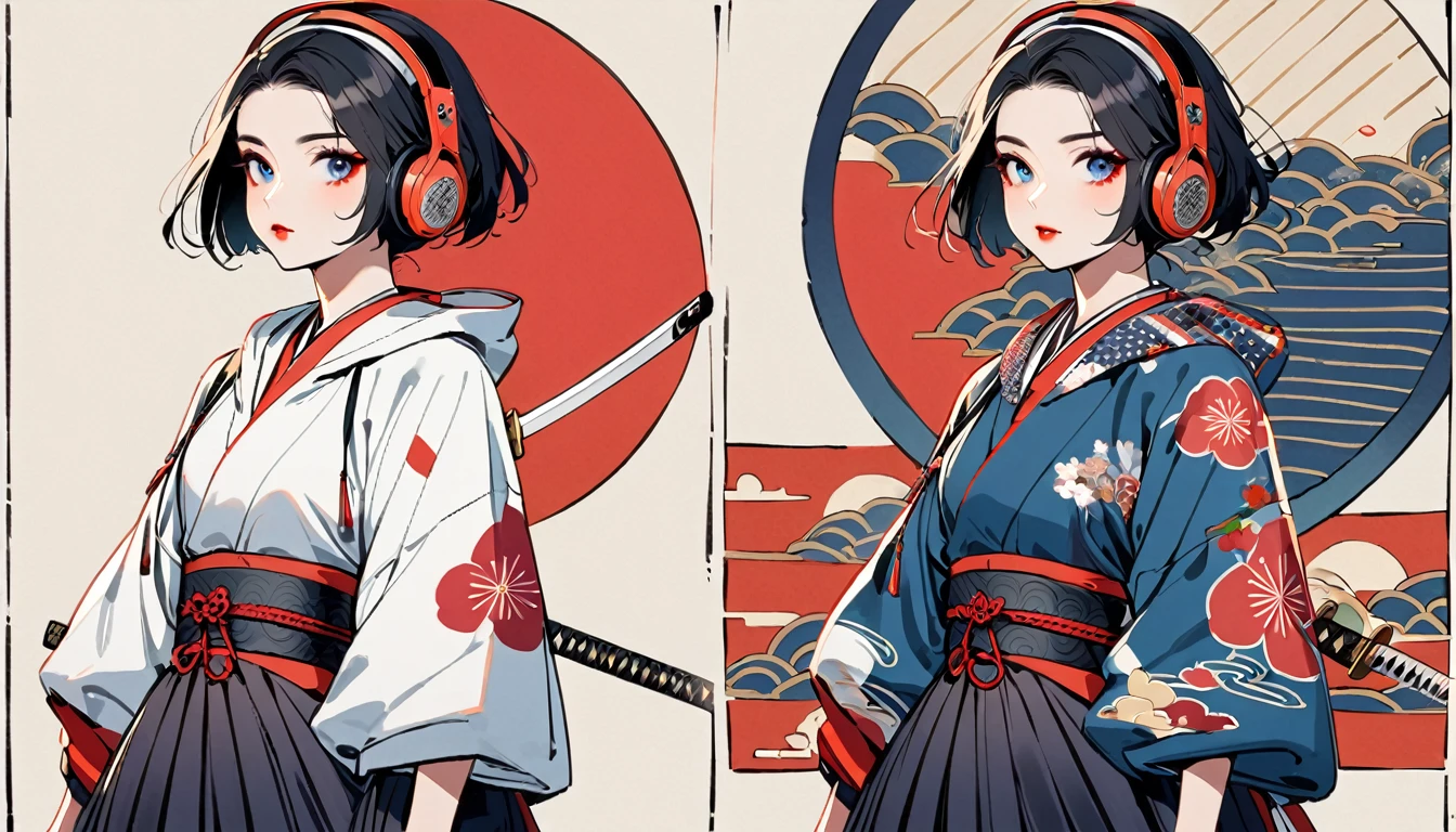 (((1 girl))), (((Flashy makeup))), (((Japanese style headphones))), (((Japanese pattern hoodie))), (((Japanese sword))), (((Female samurai))), Japanese beautiful girl, Black Hair, Delicate and precise, Modern ukiyo-e style, Japanese flag, red and blue neon