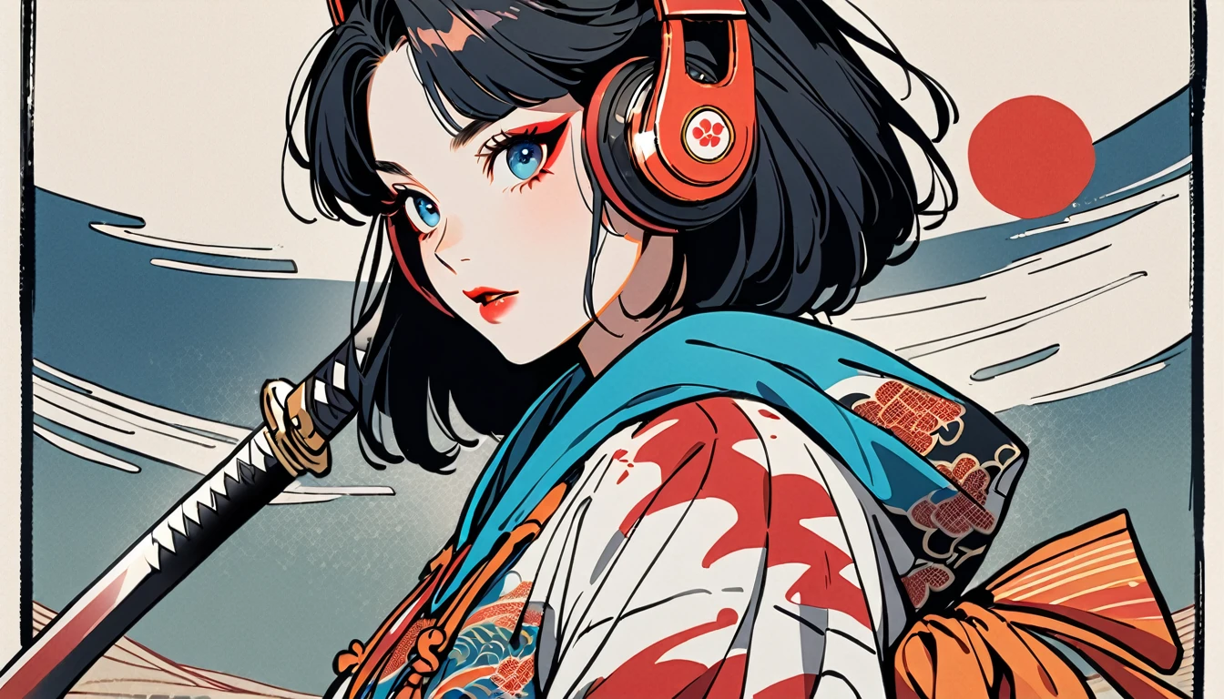 (((1 girl))), (((Flashy makeup))), (((Japanese style headphones))), (((Japanese pattern hoodie))), (((Japanese sword))), (((Female samurai))), Japanese beautiful girl, Black Hair, Delicate and precise, Modern ukiyo-e style, Japanese flag, red and blue neon