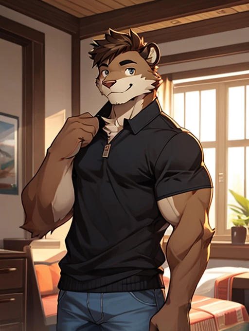 Solo, Male, Anthropomorphic, Male Furry, Male Otter Furry, (Standing in a room), wear casual clothes, short brunette hair, warm smile, small muscles, detailed eyes, five fingers