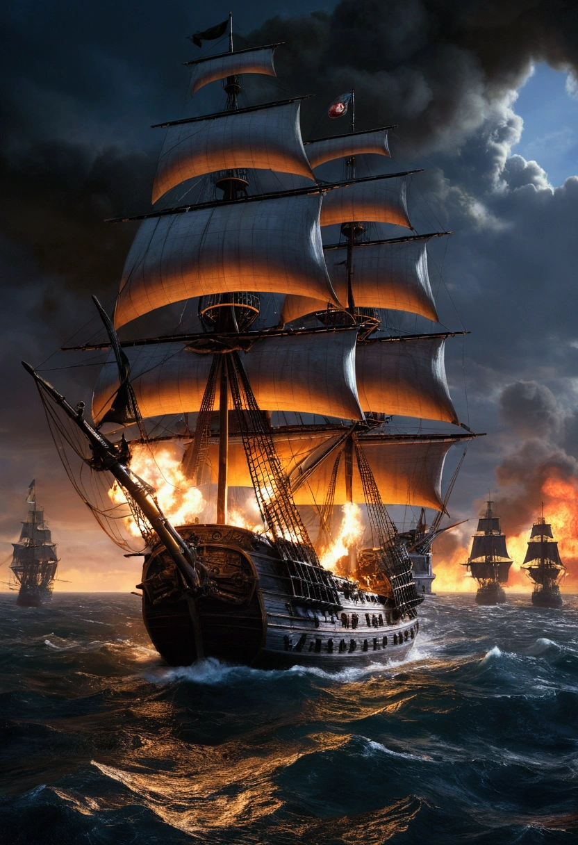 Pirate War, ships, robbery, fire, by Abraham Pether, cinematic still, chiaroscuro, dynamic, (best quality, masterpiece, photorealistic), very aesthetic, perfect composition, intricate details, ultra-detailed, vivid colors