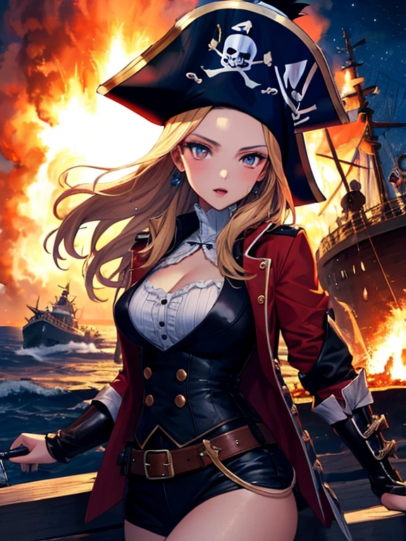 (Pirate War), Ship Explosion, night, typhoon, Android 18, highest quality, 1girl, uhd, retina, masterpiece, ccurate, anatomically correct, textured skin, super detail, high details, high quality, best quality, highres, 4K
