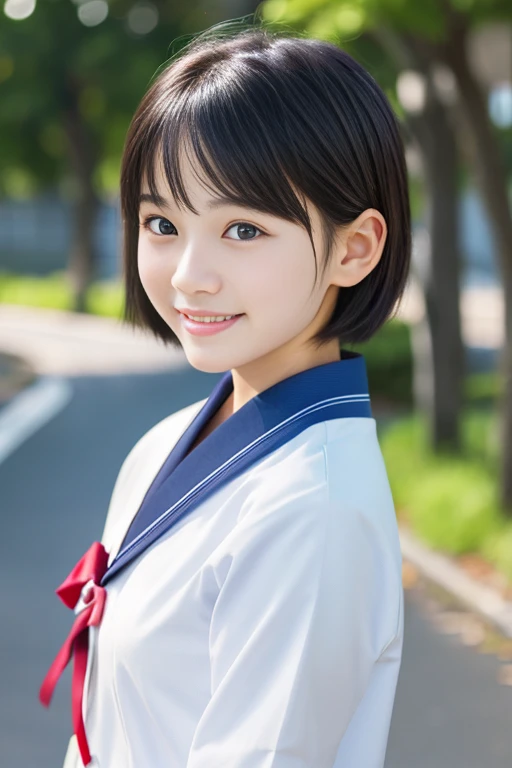 ((Cute 15 year old Japanese))、on the road、Highly detailed face、Pay attention to the details、double eyelid、Beautiful thin nose、Sharp focus:1.2、Beautiful woman:1.4、((Very short hair))、Pure white skin、Highest quality、masterpiece、Ultra-high resolution、(Realistic:1.4)、Highly detailed and professional lighting、nice smile、Japanese school girl uniform