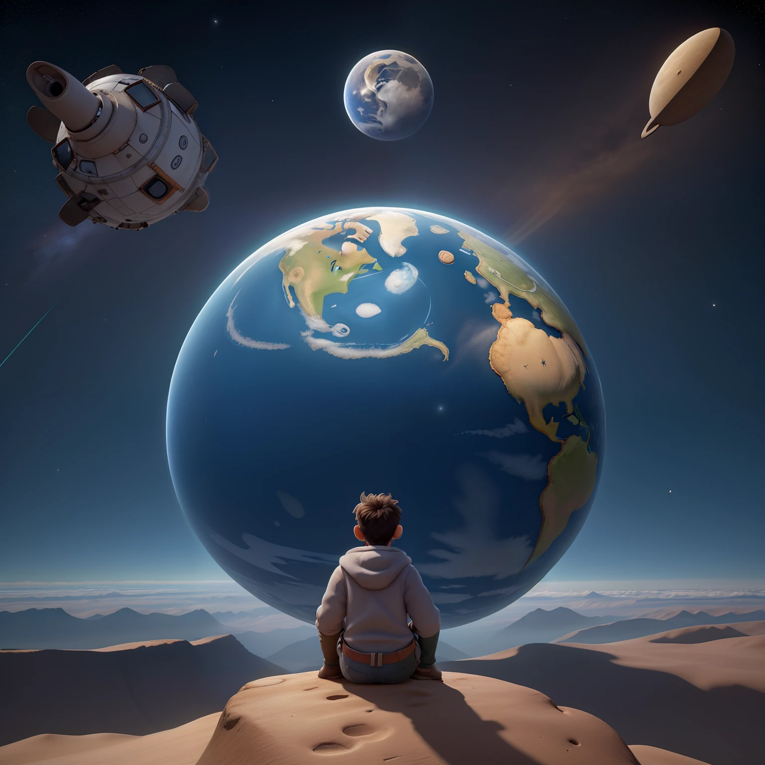 Create an illustration aimed at an audience of 25 to 35 years old. The scene features a space explorer, aged around 28 to 30, wearing modern and sleek space attire. The explorer is sitting on the moon, looking towards Earth with a bored expression. The camera perspective should be from behind the explorer, capturing both the back of the explorer and a large, partial view of Earth in the sky. Only a portion of Earth should be visible, appearing prominently and realistically, with natural details like clouds and continents. The lunar landscape should be realistic, with Earth taking up a significant part of the sky. The explorer should exude an air of vast knowledge and intelligence, conveying a sense of boredom and disappointment, as if seeing wasted potential in humanity. The overall style should be modern and engaging, suitable for a younger, tech-savvy audience.