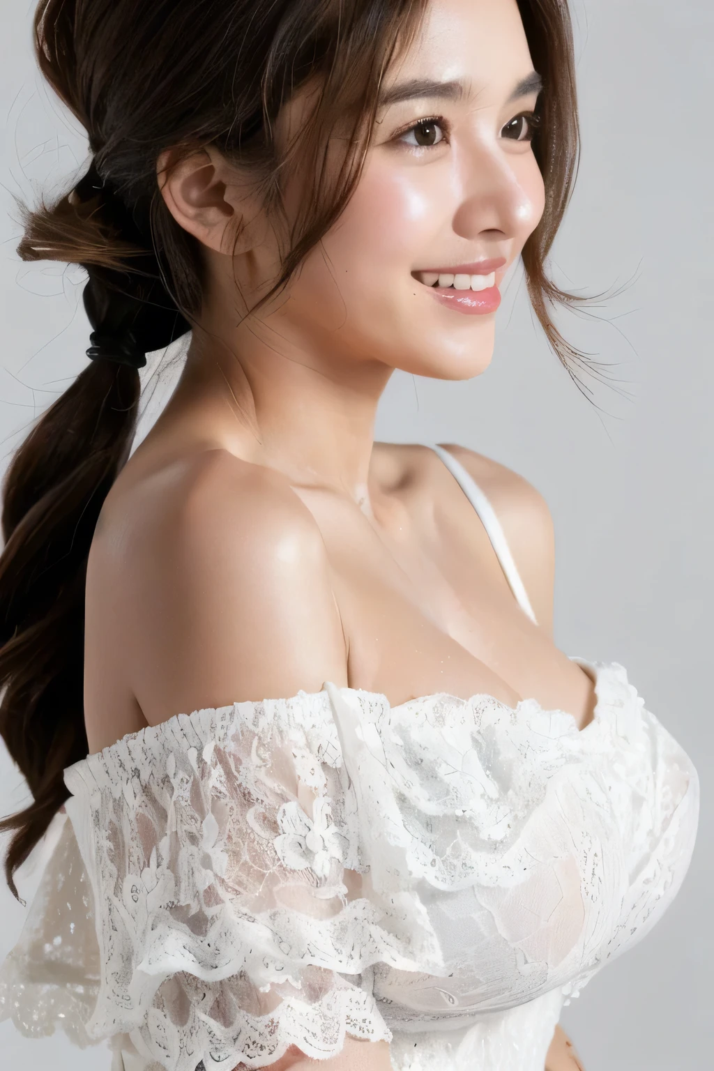 ((Highest quality, 8k, masterpiece: 1.3)), sharp: 1.2, Perfect Body Beauty: 1.6, ((Layered Hairstyles, : 2.0)), (white lace dress: 2.0, Off-the-shoulder dress: 2.0, Dresses with visible breasts: 2.ong hair: 2.0)), ((necklace)), Earrings, ring, Bracelet, Hair Accessories, ((Beautiful young teenager woman)), ht nose)), (Eyeliner), Armpit Hair, Bristles, ((White and beautiful skin)), Wavy Hair, Beautiful attention to detail, Super detailed, Highly detailed face and skin texture, fine grain, double eyelid, Black Hair, Big Ass, Lower Body, Thighs, (kinny))), Wet and shiny lips, smile, Get a grip on your body, ((Anatomically correct human body)), ((Crisp body shape)), Ribs, clavicle, Protruding skeleton, A face without nasolabial folds, Shyness, Thin eyebrows, Big eyes, (shoot from side: 1.0), (Narrow shoulders: 2.0), (Smile: 1.0), (ドレスに収まりきらないBig Breasts: 2.0)