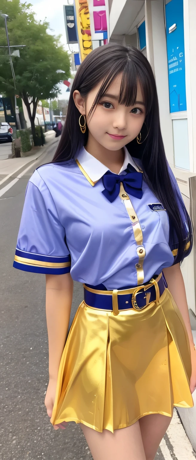 Cute Teen Idol Girl、whole body、Good style、、、、、、、、、、Thick legs、Shiny shirt uniform（、Shiny Blue、shiny purple、gold、、）、、Cool girl face、、Metallic Belt